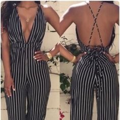 This Romper Has A Very Low V-Neck Back Out Very Flattering And Comfortable To Wear Striped V-neck Jumpsuits And Rompers For Summer, Black V-neck Summer Jumpsuits And Rompers, Black V-neck Summer Jumpsuit, Black V-neck Jumpsuits And Rompers For Spring, Summer V-neck Jumpsuits And Rompers For Going Out, Casual V-neck Jumpsuits And Rompers For Party, Striped V-neck Jumpsuits For Vacation, Striped Jumpsuits And Rompers For Party, Backless Black Jumpsuits And Rompers For Spring