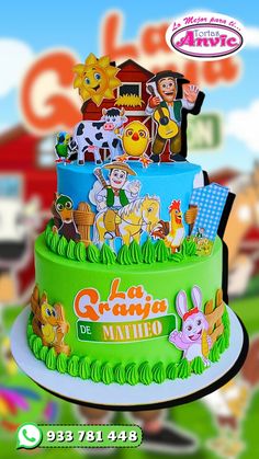 an advertisement for a children's birthday cake with cartoon characters on the top and bottom tier