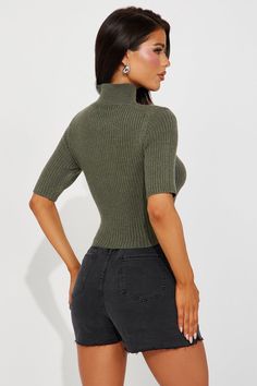 Available In Purple, Ivory, And Olive. Sweater Top Short Sleeve Mock Neck Cropped Ribbed 88% Polyester 12% Nylon Imported | Ollie Mock Neck Sweater in Olive Green size Large by Fashion Nova Olive Fashion, Olive Sweater, Jeans Jumpsuit, Mock Neck Sweater, Matching Dresses, Neck Sweater, Mock Neck, Dresses For Sale, Sweater Top