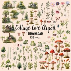 the cottage core clipart is shown in watercolor and includes mushrooms, trees, flowers,