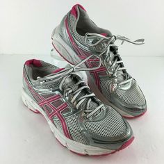 Asics Women's Gel Contend Shoes Size 11 Silver, Pink, White Lace Up Running Shoe Code:  T2N8Q *Props And Shoe Trees Not Included Asics Sneakers With Perforations For Running, Asics Running Sneakers With Perforations, Asics Pink Running Shoes For Streetwear, Pink Asics Running Shoes For Streetwear, Asics Sneakers With Perforations For Streetwear, Asics Sneakers With Perforations For Sports, Casual Pink Asics Sneakers, Asics Gel Venture, Asics Women Gel