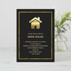 a black and gold open house party card