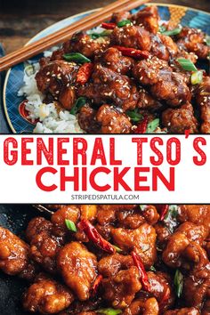 the recipe for general tso's chicken is shown on a plate with chopsticks