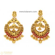 22K Gold 'Lakshmi Peacock' Drop Earrings (Chand Bali) With Beads (Temple Jewellery) - 235-GER8658 - Buy this Latest Indian Gold Jewelry Design in 15.350 Grams for a low price of $854.57 Temple Jewelry Style Drop Plug Earrings, Yellow Gold Chandbali Earrings, Pierced Chandbali Chandelier Earrings, Temple Jewelry Style Drop Earrings For Formal Occasions, Temple Jewelry Dangle Earrings, Red Temple Jewelry Earrings, Pierced Dangle Temple Jewelry Earrings, Temple Jewelry Pierced Earrings For Formal Occasions, Temple Jewellery Gold