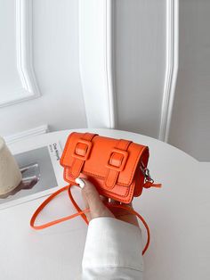 Orange Preppy Collar  PU Leather Plain Square Bag Embellished   Women Bags Orange Preppy, Cambridge Satchel, Cambridge Satchel Company, Square Bag, Online Fashion, Bags Women, Men's Clothing, Pu Leather, Satchel