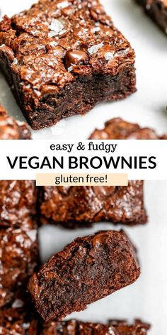 vegan brownies cut into squares and stacked on top of each other with text overlay