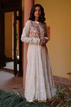 White anarkali featuring bead, sequin and zari hand embroidery on the yoke. Paired with a churidar and a dupatta. - Aza Fashions Anarkali Embroidered Dress With Semi-stitched Fit, Designer Maxi Length Kurta With Intricate Embroidery, Festive Anarkali Embroidered Dress For Reception, Bollywood Embroidered Festive Dress Designer Wear, Bollywood Style Embroidered Dress For Diwali Reception, Bollywood Embroidered Dress For Diwali Reception, Transitional Maxi Length Kurta With Intricate Embroidery, Semi-stitched Anarkali Embroidered Dress With Resham Embroidery, Semi-stitched Anarkali Dress With Resham Embroidery