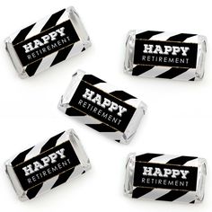 happy retirement candy bar wrappers with black and white stripes on the top, set of four