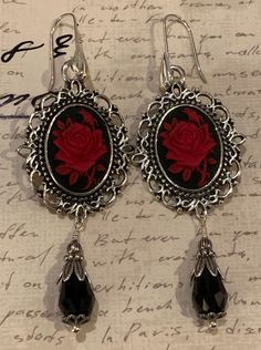 Victorian Rose Dangle Earrings - Etsy Silver Gothic Earrings For Valentine's Day, Rose Metal Jewelry For Party, Gothic Metal Earrings For Valentine's Day, Antique Black Earrings For Gift, Antique Style Black Earrings For Gift, Gothic Nickel-free Jewelry For Valentine's Day, Gothic Nickel Free Jewelry For Valentine's Day, Silver Earrings With Rose Design For Formal Events, Silver Rose Design Earrings For Formal Occasions