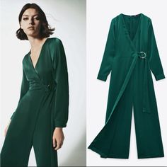 Long Sleeveless Jumpsuit With Wrapped V-Neckline And Pleats At Shoulders. Self Tie Belt With Metal Buckle. Back Hidden In Seam Zip Closure. Size: Xs Color: Bottle Emerald Green Material: 100% Polyester Emerald Green Jumpsuit, Denim Short Jumpsuit, Flowy Jumpsuit, Bell Sleeve Romper, Satin Romper, Wrap Jumpsuit, Cotton Jumpsuit, Green Jumpsuit, Blue Jumpsuits