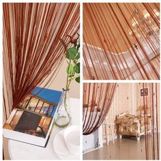 four different views of the inside of a room with curtains and chairs, including a vase filled with flowers