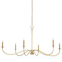 a brass chandelier with six lights hanging from the ceiling and four arms on each end