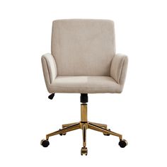 an office chair with wheels and a beige upholstered seat, viewed from the front