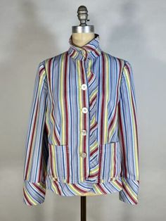 Vintage 1980's OOAK UNIQUE homemade stripe cotton jacket blazer w/ruffle neck L  | eBay Striped Fitted Cotton Blazer, Fitted Striped Cotton Blazer, Fitted Vertical Stripes Spring Blazer, Fitted Cotton Outerwear With Striped Pattern, Fitted Blazer With Vertical Stripes For Spring, Fitted Striped Cotton Outerwear, Spring Fitted Blazer With Vertical Stripes, Fitted Spring Blazer With Vertical Stripes, Spring Outerwear With Vertical Stripes And Long Sleeves