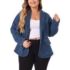 Introducing the Women's Plus Size Denim Jacket, the perfect addition to your wardrobe for a versatile and stylish look. This jacket features a classic denim jacket fit with added comfort, making it a must-have piece for any occasion. The lapel collar adds a touch of elegance, while the color block design adds a modern twist. With two patch pockets for easy-access storage, this denim jacket is both functional and stylish. Made from a soft stretch cloth, this jacket offers all-day comfort and flex Casual Medium Wash Denim Blazer, Casual Denim Blazer For Fall, Casual Denim Blazer, Casual Fall Denim Blazer, Denim Blue Button-up Blazer With Pockets, Womens Oversized Blazer, Frayed Denim Jacket, Dark Blue Blazer, Long Sleeve Jean Jacket