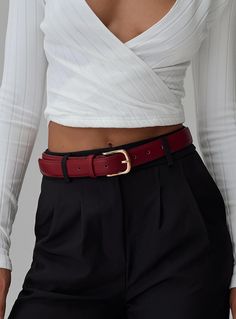 Faux leather belt with gold-toned buckle Princess Polly Lower Impact 80% reclaimed PU 20% steel Red Leather Belt, How To Style A Belt, Red Belt Outfit Ideas, Belt Outfit Aesthetic, Fall Belts, Trending Belts, Red Belt Outfit, Outfits With Belts, Large Belts