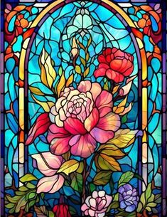 a stained glass window with flowers in it