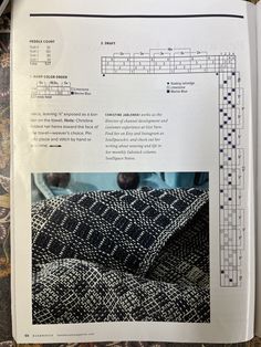 an open book with black and white patterns on it's pages, showing instructions for how to sew