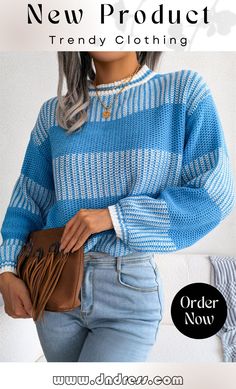 Comfy Contrast Color Leisure Long Sleeve Ladies Knitted Sweaters Striped Open Knit Long Sleeve Sweater, Striped Long Sleeve Open Knit Sweater, Striped Open Knit Sweater For Fall, Blue Open Knit Top For Fall, The Comfy, Fashion Games, Order Now, Contrasting Colors, Trendy Outfits