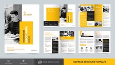 a brochure with yellow and black accents on the front, side and back pages