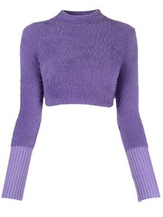 lavender purple wool blend brushed effect mock neck long sleeves ribbed cuffs straight hem cropped Winter Soft Knit Long Sleeve Crop Top, Fitted Cropped Sweater In Soft Knit, Fitted Soft Knit Cropped Sweater, Spring Cropped Soft Knit Fitted Sweater, Ribbed Crop Top For Winter, Winter Ribbed Crop Top, Solid Fitted Cropped Sweater, Fitted Cropped Sweater In Solid Color, Fitted Cropped Sweater With Ribbed Collar