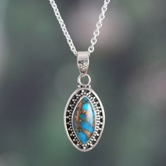 Silver Pendant Necklace with Oval Reconstituted Turquoise - Chic Fascination | NOVICA Spiritual Turquoise Gemstone Necklace With Oval Pendant, Elegant Silver Turquoise Necklace With Natural Stones, Spiritual Oval Turquoise Necklace In Sterling Silver, Elegant Turquoise Gemstone Necklace With Oval Pendant, Elegant Turquoise Necklace With Oval Pendant, Elegant Silver Turquoise Necklace With Large Pendant, Elegant Silver Pendant Turquoise Necklace, Elegant Oval Turquoise Gemstone Pendant Necklace, Elegant Turquoise Oval Pendant Necklace