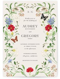 a wedding card with flowers, butterflies and leaves on the front in white paper that says ag