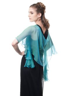 "This airy fluttering scarf, wrap in peacock (greenish-blue) color can jazz up your minimalist dress and give you beautiful feeling of feminine charm as well as give you enjoyable silken touch by covering your shoulders. Made with iridescent silk chiffon and goes from casual daytime to elegant evening wear. Use it as a shawl, wrap sash or as a head cover. DESIGN DESCRIPTION: Free-form, curved cut, fluttering edges. Signature curved cut of scarf top line creates beautiful soft drapes and keep sca Elegant Evening Wear, Wedding Shawls, Aquamarine Color, Minimalist Dress, Evening Shawls, Silk Scarf Wrap, Chiffon Shawl, For Wedding Dress, Scarf Top