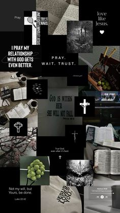 a collage of black and white images with words on them, including an open bible