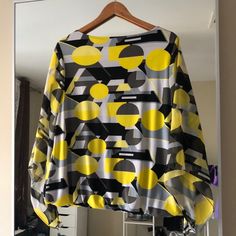 Patterned, Loose Fit, Flowy Sleeved Shirt, With Elastic Hem. New Without Tags, Excellent Condition. Size Large But Fits Xl Yellow Casual Party Blouse, Casual Yellow Party Blouse, Yellow Long Sleeve Party Tops, Flowy Sleeves, Gray Yellow, Shirt Sleeves, Printed Shirts, Loose Fitting, Long Sleeve Blouse