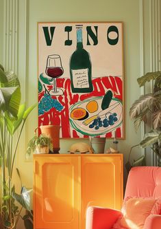 an orange chair sits in front of a poster with wine and food on the table