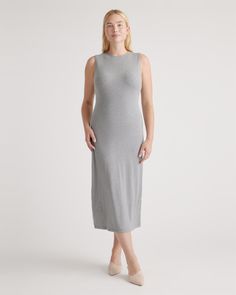 Your invite to be comfy and look cool has arrived. Our Tencel Rib Knit Tank Midi Dress is made from Tencel™ fabric, so it's soft, has plenty of stretch, and is more sustainable, too. With its sleeveless design and midi length, we predict tons of outfit possibilities. Tank Top Midi Dress, 10 Weeks Pregnant, Rib Knit Tank Top, Cotton Bras, Long Tank, Quarter Zip Sweater, Flattering Dresses, Just Run, Knit Tank