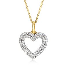 Ross-Simons - .25ct t. w. Diamond Heart Pendant Necklace in Gold. 18". This sweet symbol of love makes for a classic piece you'll be happy to have in your jewelry box! Our necklace presents a .25 ct. t. w. round diamond heart pendant in polished 18kt yellow gold suspended from a rope chain. A meaningful gift for yourself or someone special. Springring clasp, diamond heart pendant necklace. Diamond birthstones are the perfect gift for April birthdays. Valentine's Day Heart Pendant Yellow Gold Diamond Necklace, Valentine's Day Yellow Gold Heart Pendant Diamond Necklace, Valentine's Day Fine Jewelry Diamond Necklace With Double Heart, Yellow Gold Double Heart Diamond Necklace With Accents, Yellow Gold Heart-shaped Brilliant Cut Diamond Necklace, Valentine's Day Double Heart Diamond Necklace, Classic Round Diamond Necklace For Valentine's Day, Classic Diamond Cut Necklace For Valentine's Day, Classic Heart-shaped Diamond Necklace With Accents