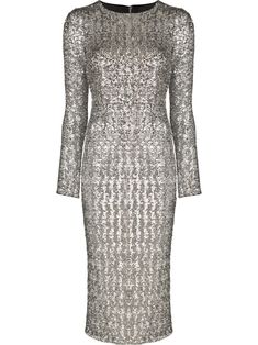 sequinned long-sleeve midi dress from DOLCE & GABBANA featuring silver-tone, silk-cotton blend, sequin embellishment, round neck, long sleeves and concealed rear zip fastening. | Dolce & Gabbana Sequinned Long-Sleeve Midi Dress Noble Lady, Color Dresses, Sequin Embellishment, Dress Silver, Dark Grey Color, Dolce E Gabbana, Long Sleeve Midi, Long Sleeve Midi Dress, White Outfits