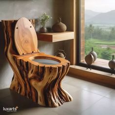 a toilet made out of a tree stump in front of a window with vases on the ledge