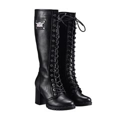 PRICES MAY VARY. STYLISH AND SEXY BOOTS - The knee high boots for women are perfect combination of fashion and comfort. Laces with other fashion elements make the biker boots stylish. The black knee high boots will go well with jeans, short dress and leggings. Suitable for riding, shopping, daily wear, club, party and so on. WATER RESISTANT CONSTRUCTION - With waterproof upper and sole, seam-sealed construction offers protection against wetness and keeps your feet dry. PU leather with soft and s Riders Logo, Lace Up Knee High Boots, Pvc Boots, Motorcycle Riding Boots, Motorcycle Riding Gear, Knee High Boots Black, Black Knee High Boots, Black Motorcycle, Motorcycle Riding