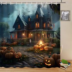 a halloween scene with pumpkins in front of a house at night shower curtain set