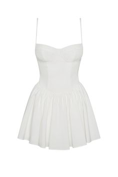 Discover the epitome of femininity in our Bellini Bustier Mini Dress. This classic, white mini dress is complimented with wire bustier cups, side pockets and cinching waistline which effortless skims down the body to a flared skirt hemline. The mini length makes it a fun and flirty dress perfect for any summer occasion! Fit And Flare Corset Dress With Lined Bodice, Fitted Corset Dress With Ruched Bodice, Mini Length, Fitted Bodice Mini Dress With Bust Darts, Fitted A-line Mini Dress For Daywear, Cocktail Fit And Flare Mini Dress With Boned Bodice, White Ruched Corset Dress For Cocktail, Fitted Sleeveless Mini Dress With Bust Darts, Fit And Flare Mini Dress With Lined Bodice, Chic Fit And Flare Mini Dress With Corset Back