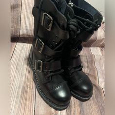 Preowned Never Used Good Condition Without Box Alternative Black Closed Toe Boots, Black Closed Toe Alternative Boots, Alternative Style Black Closed Toe Boots, Black Lace-up Combat Boots With Buckle Closure, Shoes Demonia, Demonia Shoes, Shoe Boots, Men's Shoes, Buckle