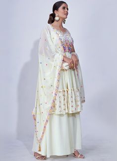 Shop Latest Bridesmaids Outfit - HATKAY Bollywood Style Embroidered Dress With Mirror Work, Georgette Wedding Dress With Multicolor Embroidery, Reception Dress With Multicolor Embroidery And Mirror Work, Wedding Dress With Multicolor Embroidery On Georgette, Unstitched Embellished Georgette Palazzo Set, Embellished Georgette Palazzo Set For Reception, Festive Embellished Multicolor Embroidered Sharara, Festive Embellished Multicolor Embroidery Sharara, Unstitched Embellished Sharara In Georgette