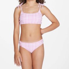 This Swimsuit Is New Without Tags Has Been Carefully Stored Away And Remained Completely Intact Has Hygienic Liner Attached Has Adjustable Shoulder Straps Removable Soft Cups In Violet Multi Print Retail Price $60 + Tax Swimsuit Ideas, Pretty Swimwear, Low Waist Pants, Billabong Girls, Checker Pattern, Striped Swimsuit, Summer Clothing, Swimwear Girls, Nylon Fabric