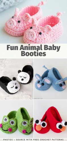 crochet patterns for baby shoes that look like animals and pandas are featured