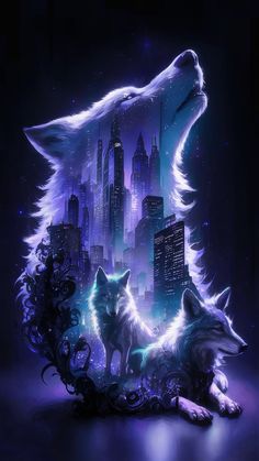 two wolfs sitting in front of a city skyline