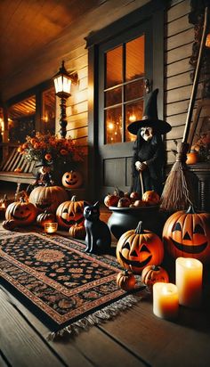 a porch with pumpkins and witches on the ground, candles in front of it