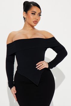 Available In Black And Navy. Off Shoulder Top Foldover Detail Long Sleeve Asymmetrical Stretch Compression Rib 86% Rayon14% Spandex Imported | Kenna Snatched Top in Black size XS by Fashion Nova Sleek Black Bodycon Tops, Bodycon Top For Night Out In Fall, Fitted Tops With Asymmetrical Neckline For Winter, Winter Fitted Top With Asymmetrical Neckline, Fall Bodycon Tops For Night Out, Winter Fitted Tops With Asymmetrical Neckline, Winter Asymmetrical Neckline Fitted Top, Asymmetrical Hem Top For Night Out, Black Top With Asymmetrical Neckline In Elastane