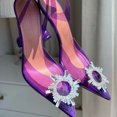 New! Never Worn. Amina Muaddi Slingback Pvc. Narrow. Chic Purple Heels For Gala, Purple Pointed Toe Slingback Pumps For Evening, Designer Slingback Pumps For Party, Purple Slingback Pumps With Heel Strap For Party, Purple High Heel Slingback Pumps For Formal Occasions, Chic Purple Slingback Pumps For Formal Occasions, Chic Purple Slingback Pumps For Formal Events, Purple Heel Strap Slingback Pumps For Evening, Purple Slingback Pumps With Heel Strap For Evening