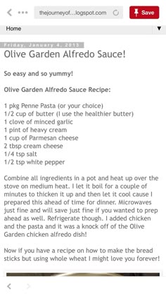 the recipe for olive garden alfredo sauce is shown on an iphone screen, and it appears to be in english