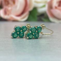 Emerald Dangle Earrings, Family Birthstone Earrings, 14k Yellow Gold, Emerald Earrings, May Birthstone, Leaver Back Earrings #6873 #MayBirthstone #6832 #FamilyBirthstone #Earrings #Emerald #GiftForHer #EmeraldEarrings #WeddingGift #DangleEarrings #14kYellowGold Luxury Birthstone Earrings For Anniversary, Formal Emerald Earrings With Prong Setting, Green Fine Jewelry Cluster Earrings For Formal Events, Classic Emerald Earrings For May Birthstone, Green Round Earrings For May Birthstone, Elegant Round Emerald Earrings, Green Earrings For May Birthstone, Elegant Round Cut Emerald Earrings, Classic Gemstone Earrings For May Birthstone