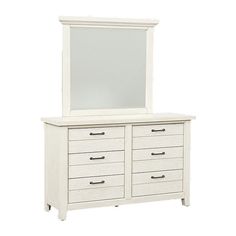 a white dresser with mirror and drawers on the bottom shelf, against a white background