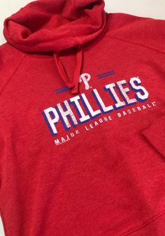 Philadelphia Phillies Womens Red French Terry Funnel Crew Sweatshirt - 22651193 Collegiate Crew Neck Top With Drawstring Hood, Collegiate Top With Drawstring Hood For Sports Season, Red Varsity Top With Ribbed Cuffs, Varsity Style Tops With Drawstring Hood For Sports Season, Red Collegiate Sweatshirt With Ribbed Cuffs, Red Crew Neck Fan Apparel Hoodie, Red Crew Neck Hoodie Fan Apparel, Red Sporty Sweatshirt For Loungewear, Red Hoodie For Loungewear